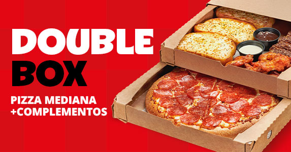 Double Box: 1 Pizza Mediana Pan 1 ing. + Pan de Ajo Supremo + Chocolate Dunkers + Alitas Buffalo + Refresco 1.25L